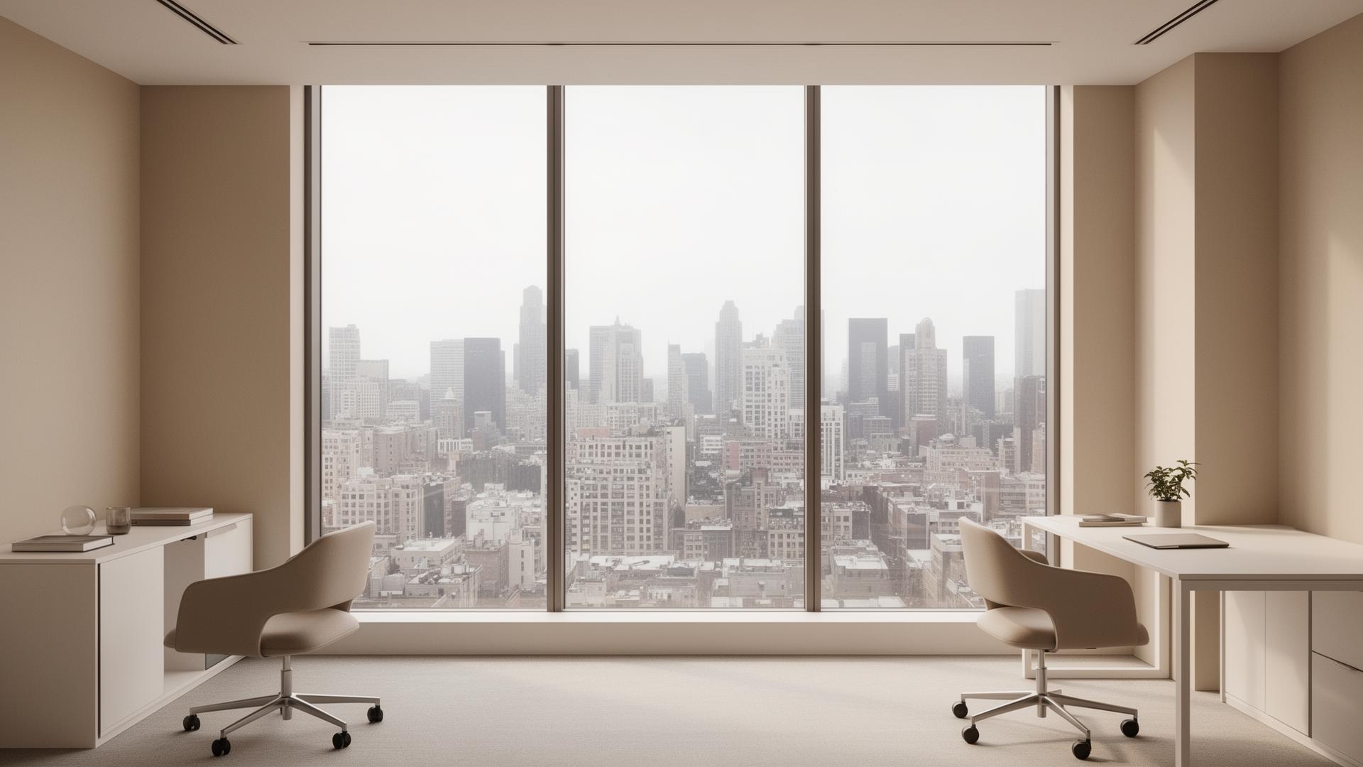 Modern office with floor-to-ceiling windows overlooking a city skyline